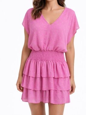 Adrienne Pink Gold Dot Smocked Waist Tiered Mini Dress Womens Large